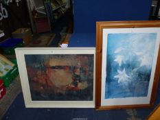 A large white framed abstract Print on board titled verso "Three Boats",