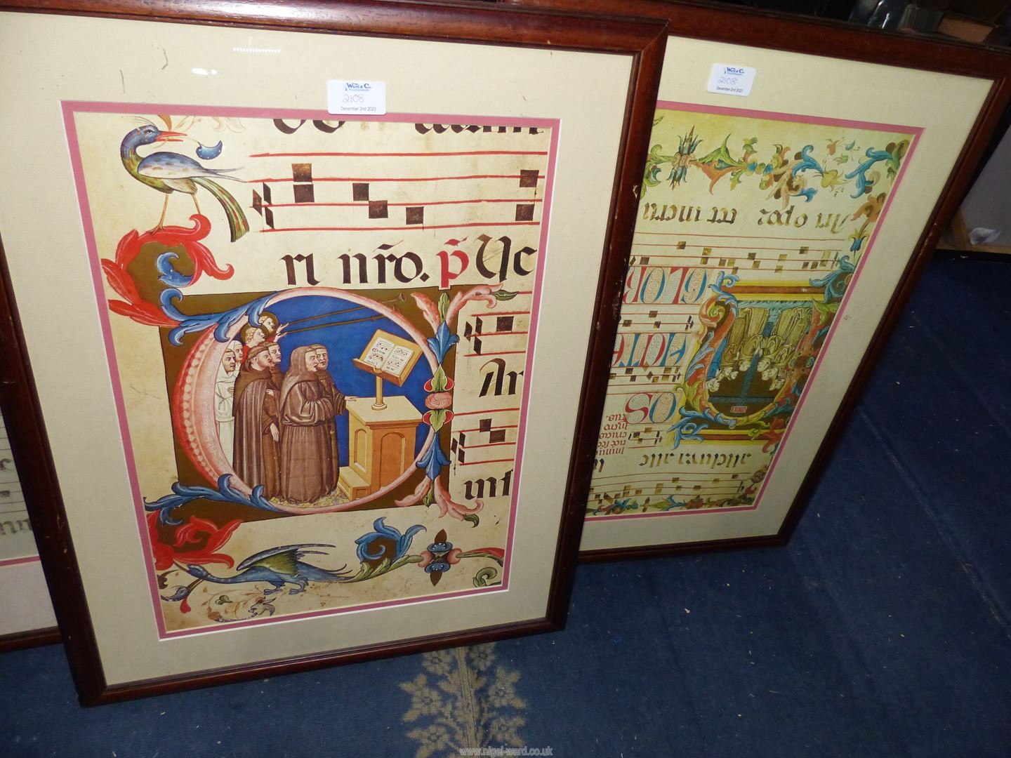 Six framed and mounted Prints depicting medieval chant manuscripts. - Image 3 of 3