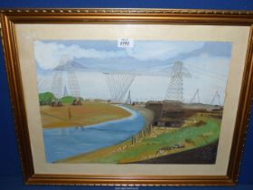 A framed Watercolour depicting The Newport Transporter Bridge, painted by H. Dawes 1976.