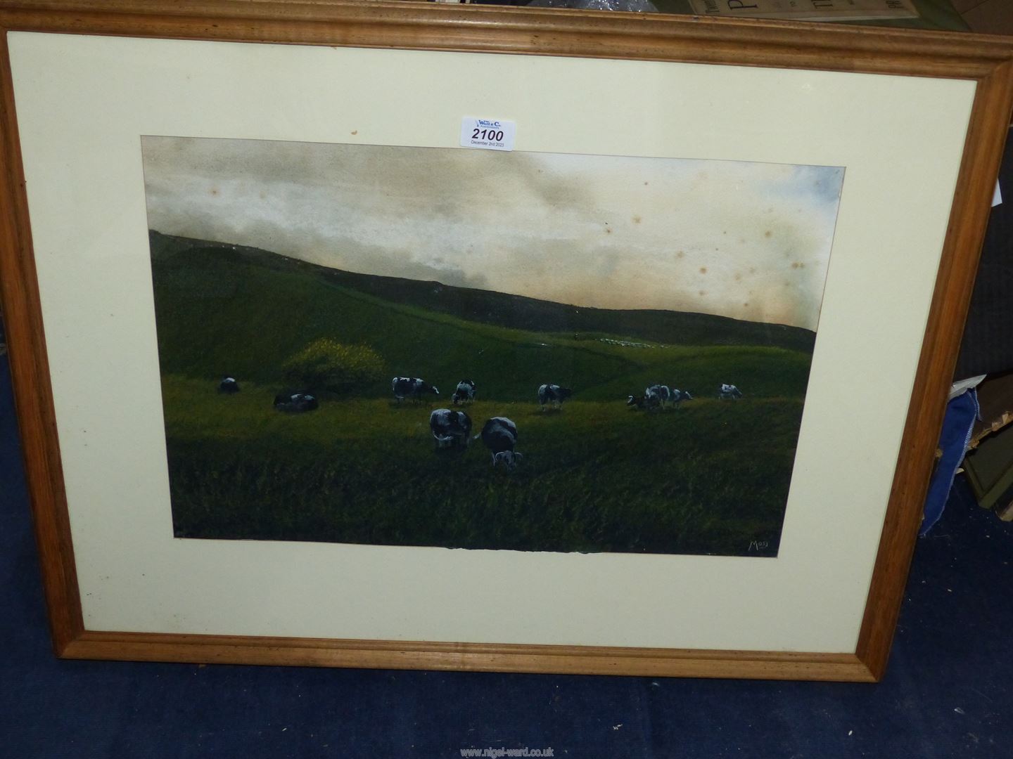 A Watercolour of Friesian cows at pasture titled 'Cattle at Sunset', signed lower right 'Moss', - Image 2 of 3