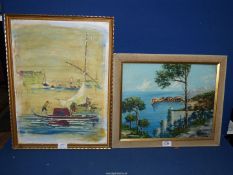 An Oil on canvas continental coastal scene and oil of Venetian gondoliers.