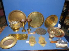A quantity of brass, copper and plated items to include; jardiniere, single stem vases, trays,