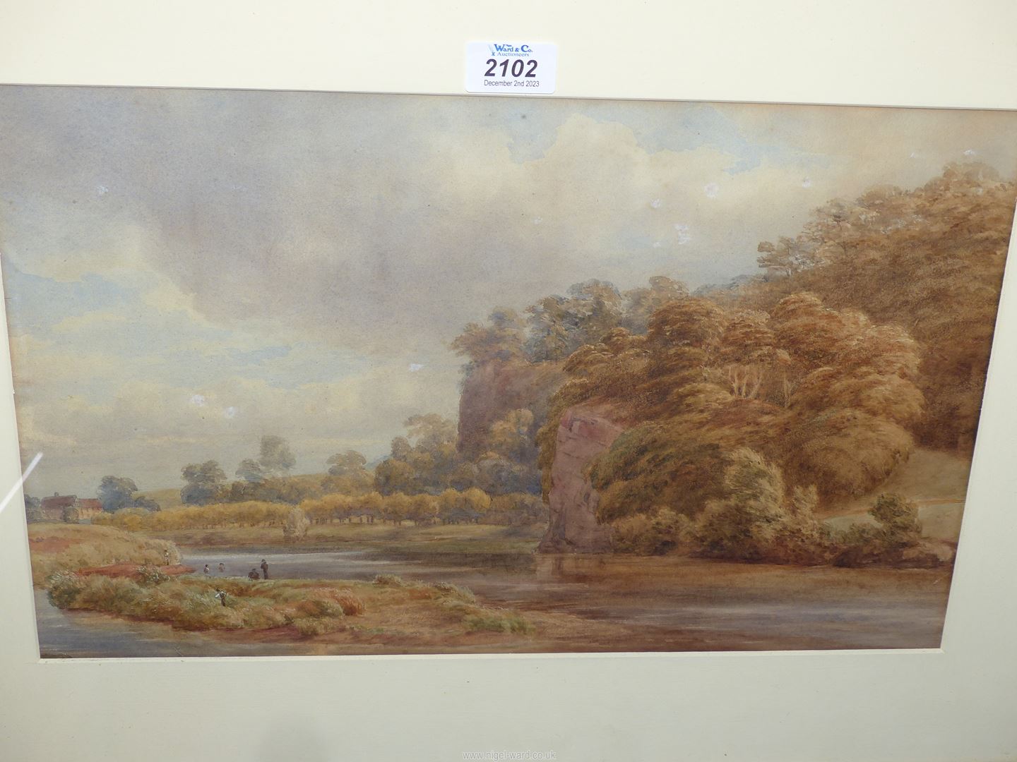 A pair of framed and mounted Watercolours one of a river landscape with figures, - Image 2 of 3