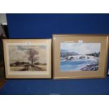 Two Rowland Hilder Prints titled 'The Brig O'Dee' and 'Road to the Farm'.