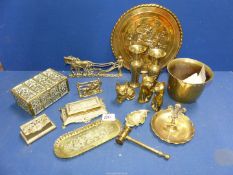 A quantity of brass including a pair of vases, horse and plough, trinket pots, gavel, etc.