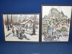 Two framed Claude Roy Pen and Ink artworks, one titled Quebec.