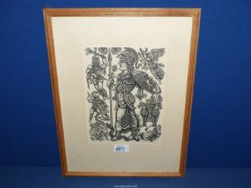 A framed and mounted woodcut by Zdenek Mezl titled "Athena", signed in pencil, 13" x 17".