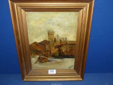 A gold coloured framed Oil on canvas depicting a waterside palatial building with figures in boats