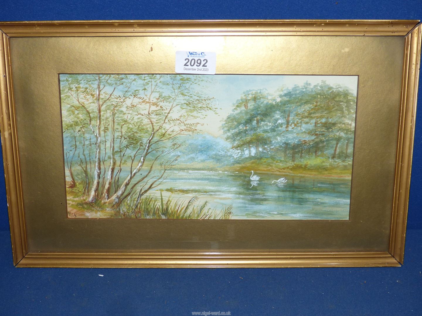 A small framed and mounted Watercolour of a river landscape with swans swimming, - Image 2 of 3