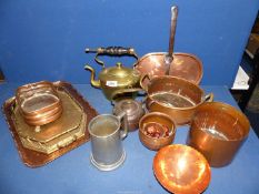A quantity of brass and metals to include kettle, trays, pewter tankard, etc.