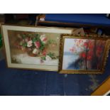 A framed Print depicting an autumnal river scene and a large framed print of a still life of roses,