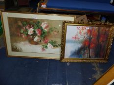 A framed Print depicting an autumnal river scene and a large framed print of a still life of roses,