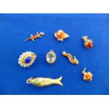 Eight assorted pendants, gold, gem set,