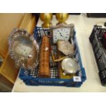 A qty of assorted items, two silver framed clocks, a dish, silver plated salver, flask,