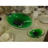 A large Murano Green centre piece and a small bowl