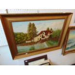 Framed oil on boards cottage scene