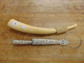 A decorative horn and Silver plated knife