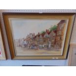 A framed oil on canvas street scene,