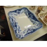 Two blue and white meat platters