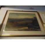A watercolour, dark cloudy landscape, undated, signed,