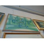 A framed and glazed painting, abstract, signed,