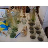 A qty of Green glass; two vases, six place Lemonade set, lamp base and two signed small vases,