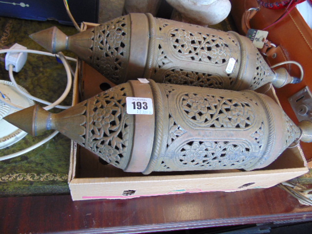 A Pair of Turkish fretted barrel lights