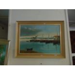 An oil on canvas, Harbour scene