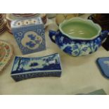 Two blue and white Chinese pillows and bowl