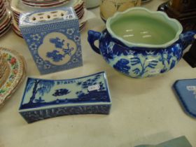 Two blue and white Chinese pillows and bowl
