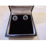A pair of 18ct White Gold Blue Diamond stud earrings,surrounded by Diamonds,