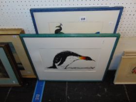 Two signed prints, Peacock and Penguin one framed other a.