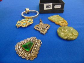 A small qty of pendants set with semi precious stones, two Jade inc.