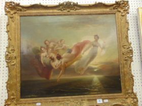 A gilt framed oil on canvas, Nymphs on wind and sea, 50cm X 61cm, attributed to W.E.