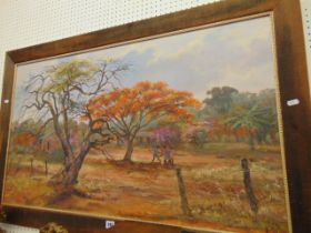 An oil on board, African village scene, Zambia, signed by Gabriel Ellison,