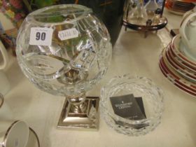 A Waterford Hurricane lamp and a small bowl