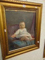 Gilt framed oil portrait of a baby, frame damage and canvas a.