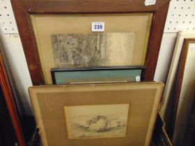 Four early etchings, one unframed, dated 1860, signed, figures,