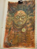 An oil/ mix media on paper, Makishi dancer- Nalindele, seated, signed by Gabriel Ellison,