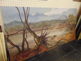 An oil on board, African lake scene, Kariba lake, Zambia, signed by Gabriel Ellison,