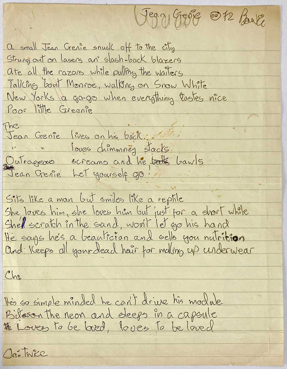 DAVID BOWIE - HANDWRITTEN LYRICS FOR 'JEAN GENIE'. - Image 2 of 12