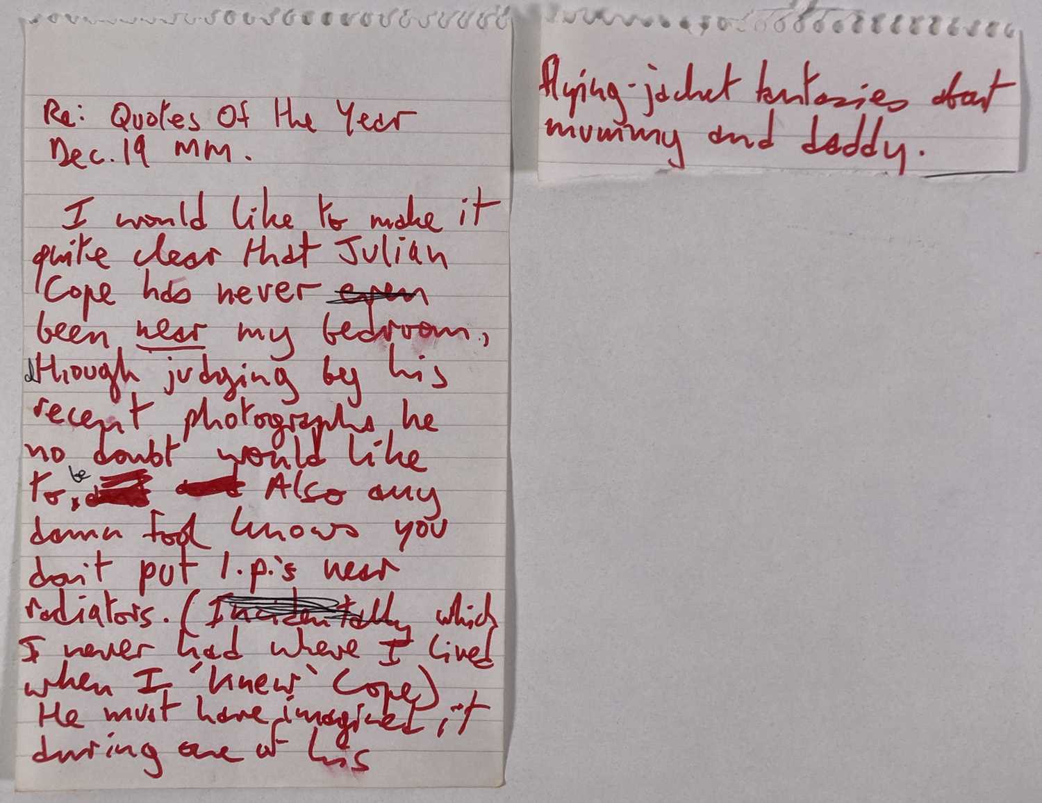 MARK E. SMITH / THE FALL - HANDWRITTEN LETTER BY MES ABOUT JULIAN COPE.