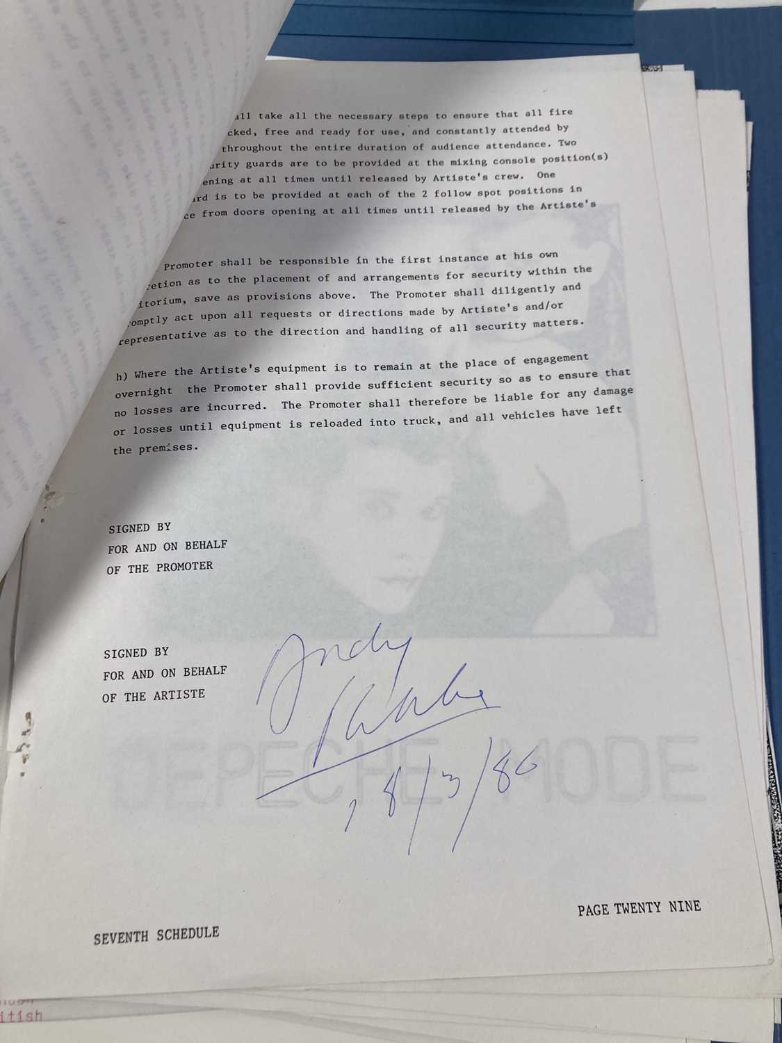 CONTRACTS AND CONCERT BOOKING ARCHIVE - DEPECHE MODE INC ANDY FLETCHER SIGNED , 1982-1986. - Image 4 of 7