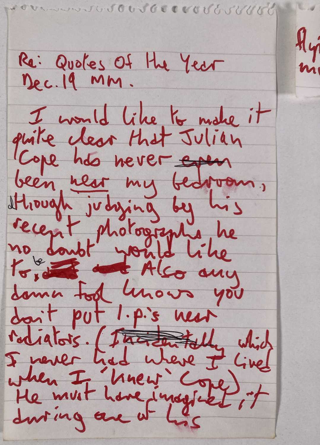 MARK E. SMITH / THE FALL - HANDWRITTEN LETTER BY MES ABOUT JULIAN COPE. - Image 2 of 5