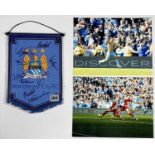 FOOTBALL MEMORABILIA - MANCHESTER CITY SIGNED PENNANT / AGUERO GOAL PHOTOS.