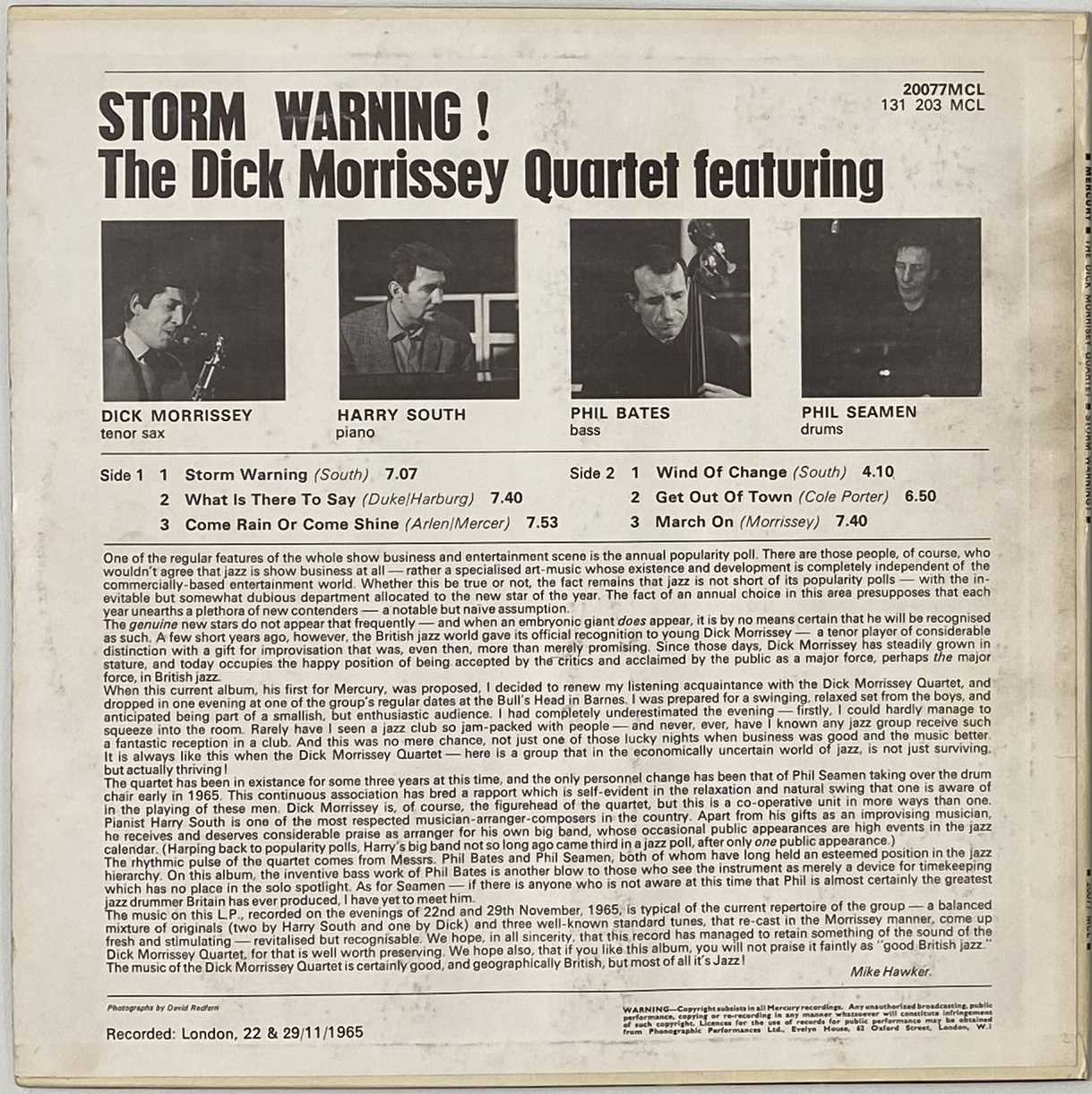 THE DICK MORRISSEY QUARTET - SOTRM WARNING! LP (ORIGINAL UK COPY - MERCURY 20077 MCL) - Image 3 of 5