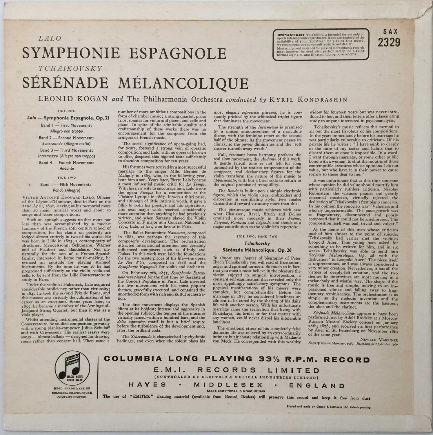 LEONID KOGAN - LALO / TCHAIKOVSKY - SYMPHONIE ESPAGNOLE LP (ORIGINAL UK STEREO RECORDING - COLUMBIA - Image 3 of 5