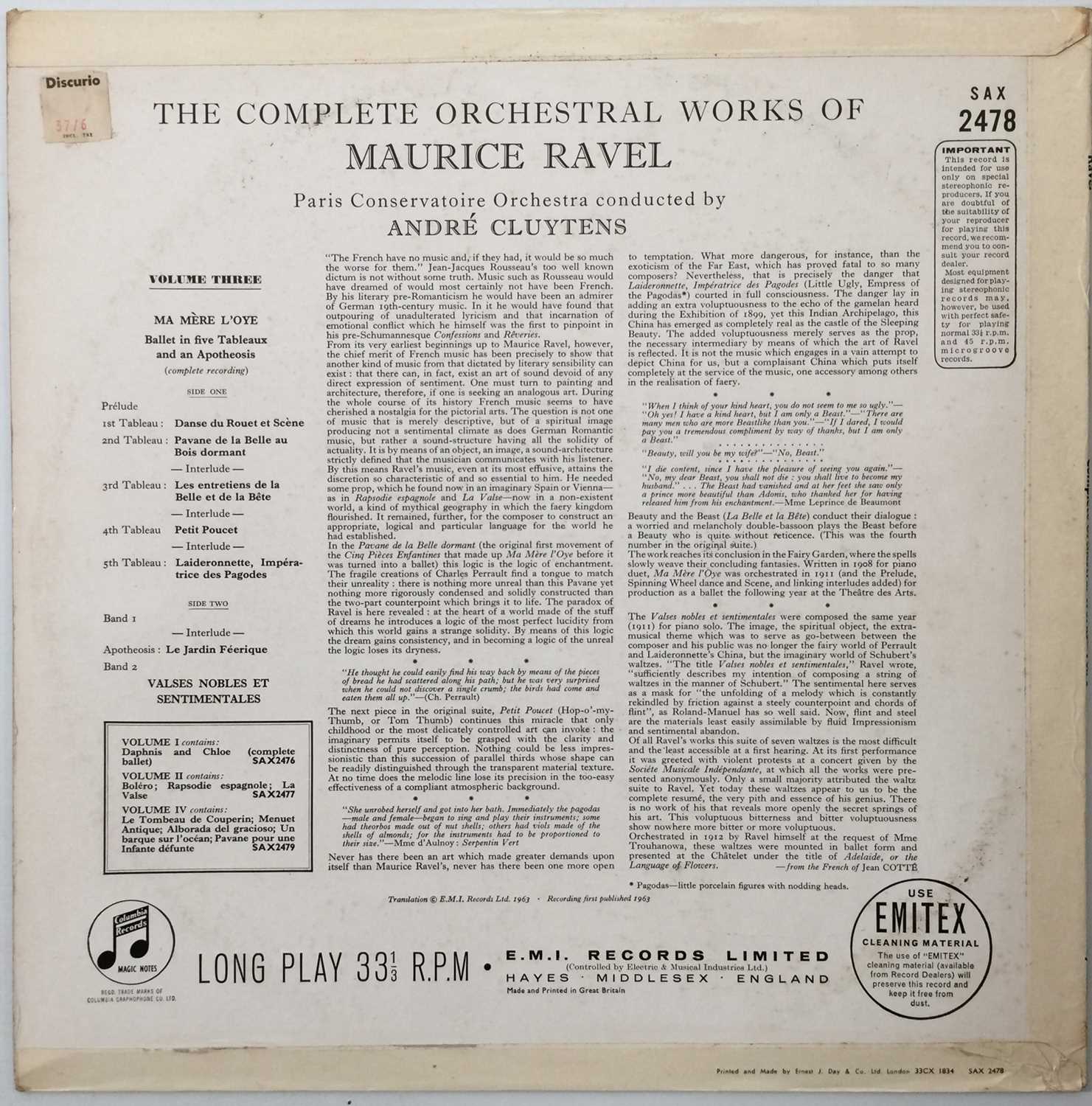 ANDRE CLUYTENS - RAVEL COMPLETE ORCHESTRAL WORKS LP (ORIGINAL UK STEREO RECORDING - COLUMBIA SAX 247 - Image 3 of 5