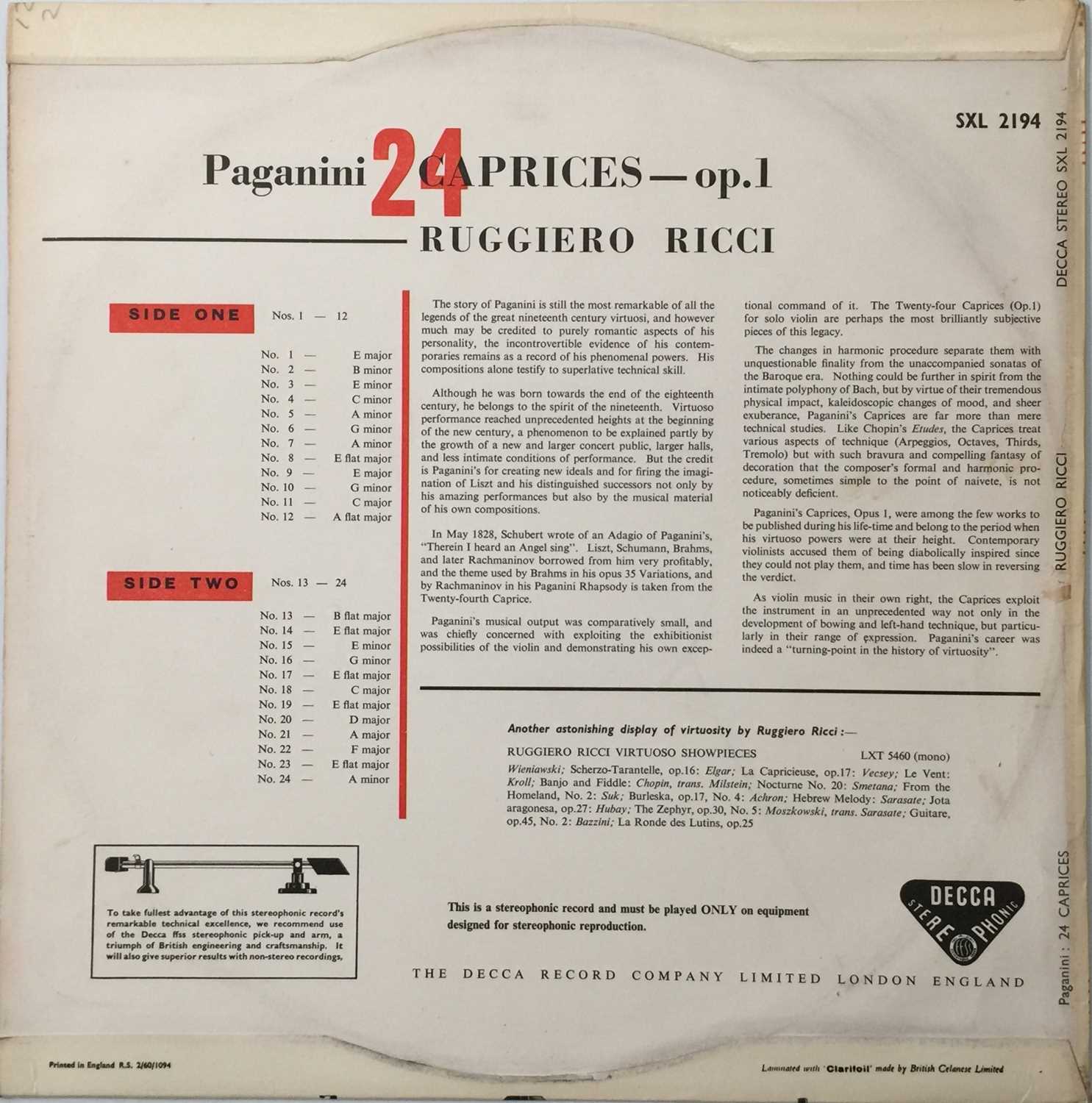 RUGGIERO RICCI - PAGANINI 24 CAPRICES LP (ORIGINAL UK STEREO RECORDING - DECCA SXL 2194). - Image 3 of 5