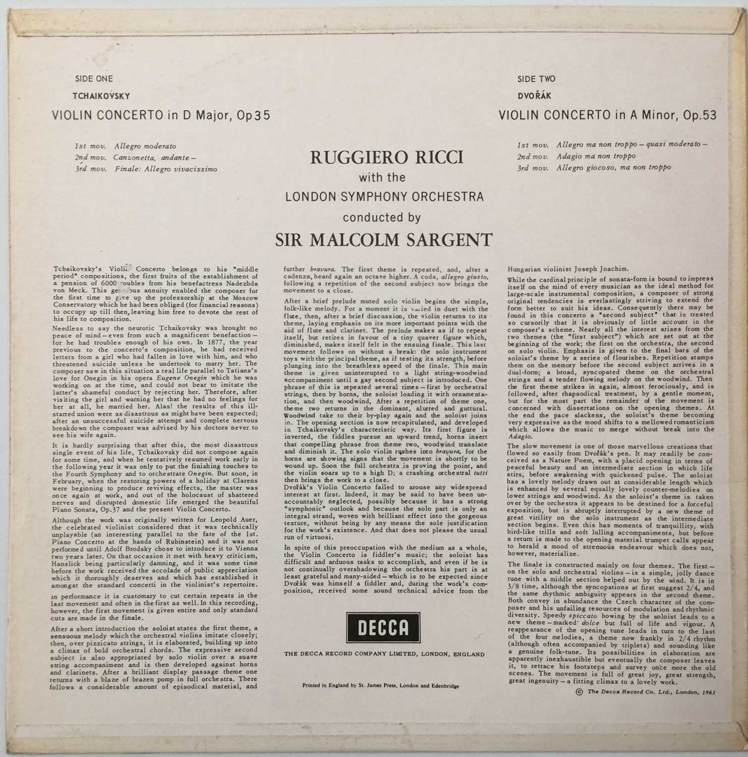 RUGGIERO RICCI / SARGENT - VIOLIN CONCERTO (ED1 - DECCA SXL 2279) - Image 3 of 5